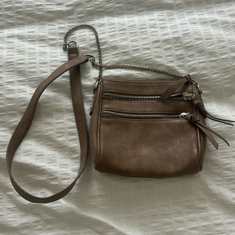 Women’s purse, long strap, silver metal and brown faux leather, small, worn once
